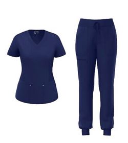 ‏PS1120 Stretch Women Medical Scrubs Set V Neck Fashion Rib Panel Jogger Pants 