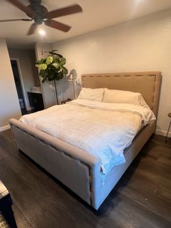 Living Spaces King Linen Nailhead Bed Frame