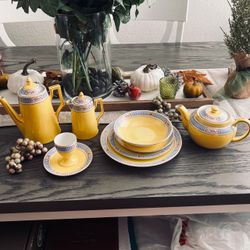 🌼 Antique 8 pc Victoria Czechoslovakia Yellow & Blue Breakfast China #290
