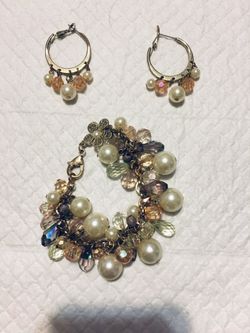 Ladies Multi color Glass Bead Bracelet with charms and Earings