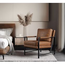 PU Leather Armchair, Retro Leisure Accent Chair with Extra Soft Padded and Cushion, Modern Reading Arm Chair with Black Metal Frame for Living Room/Of