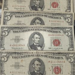 Four $5 Dollar Bills Silver Certificate 1963