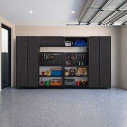 6-PIECE STEEL GARAGE STORAGE CABINET & SHELVING SET W/ METAL PEGBOARD BACKING IN BL(50% OFF RETAIL + AN ADDITIONAL $50.00 OFF + NO SALES TAX)