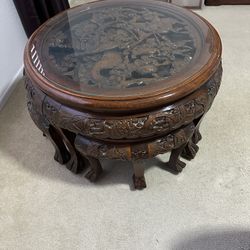 Oriental Carved Tea Table With 4 Stools