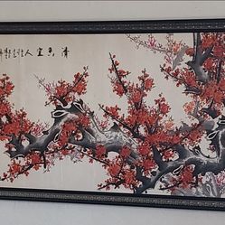 Large Framed Asian Art - Plum Tree Blossoms Branch - Rice Paper Painting