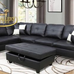 Black Faux Leather 3-Piece Couch Living Room Sofa Set  including storage ottoman  Black Color New In Box Cheap Price
