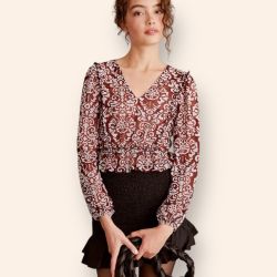 Anthropologie Burgundy Jacquard Peasant Blouse, Size XS, MSRP $110