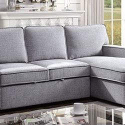 Grey Pullout Sectional W/ Reversible Storage Chaise Brand New In Box 