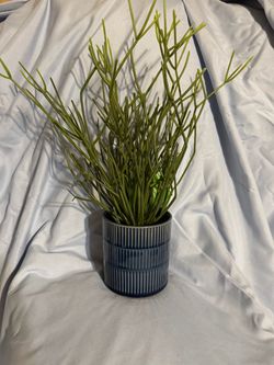 Faux Grass Plant in Blue Ribbed Ceramic Pot