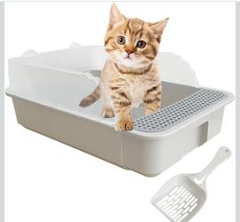 Open Cat Litter Box with High Side,Anti-Splashing Cats Litters Pan,Kitten Toilet with Litter Sifting Scoop,Semi-Enclosed Removable Kittens Litter for 