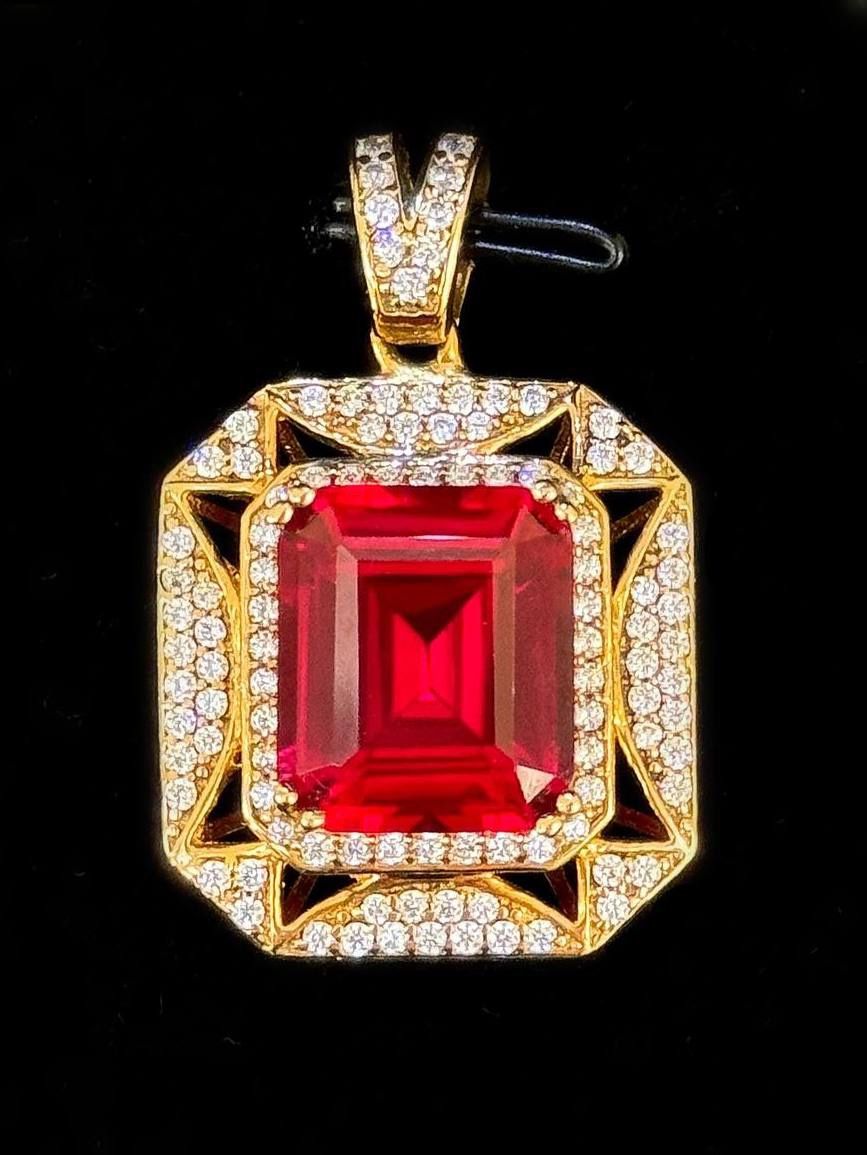 10k solid Yellow gold emerald cut 8CT Ruby CZ stone pendant charm