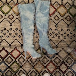 Denim Knee High Open Toe Heels Sz 10 