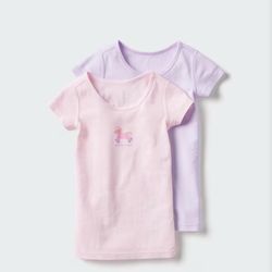 New 2 pc Uniqlo girl short sleeve shirt t shirt pink light purple Cotton Ribbed T-Shirt size 4T  - Longer length keeps the back covered when on the mo