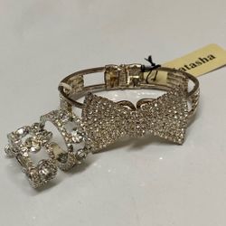 Natasha Silver Crystal Bow Bracelet & Screw On Silver Crystal Earrings