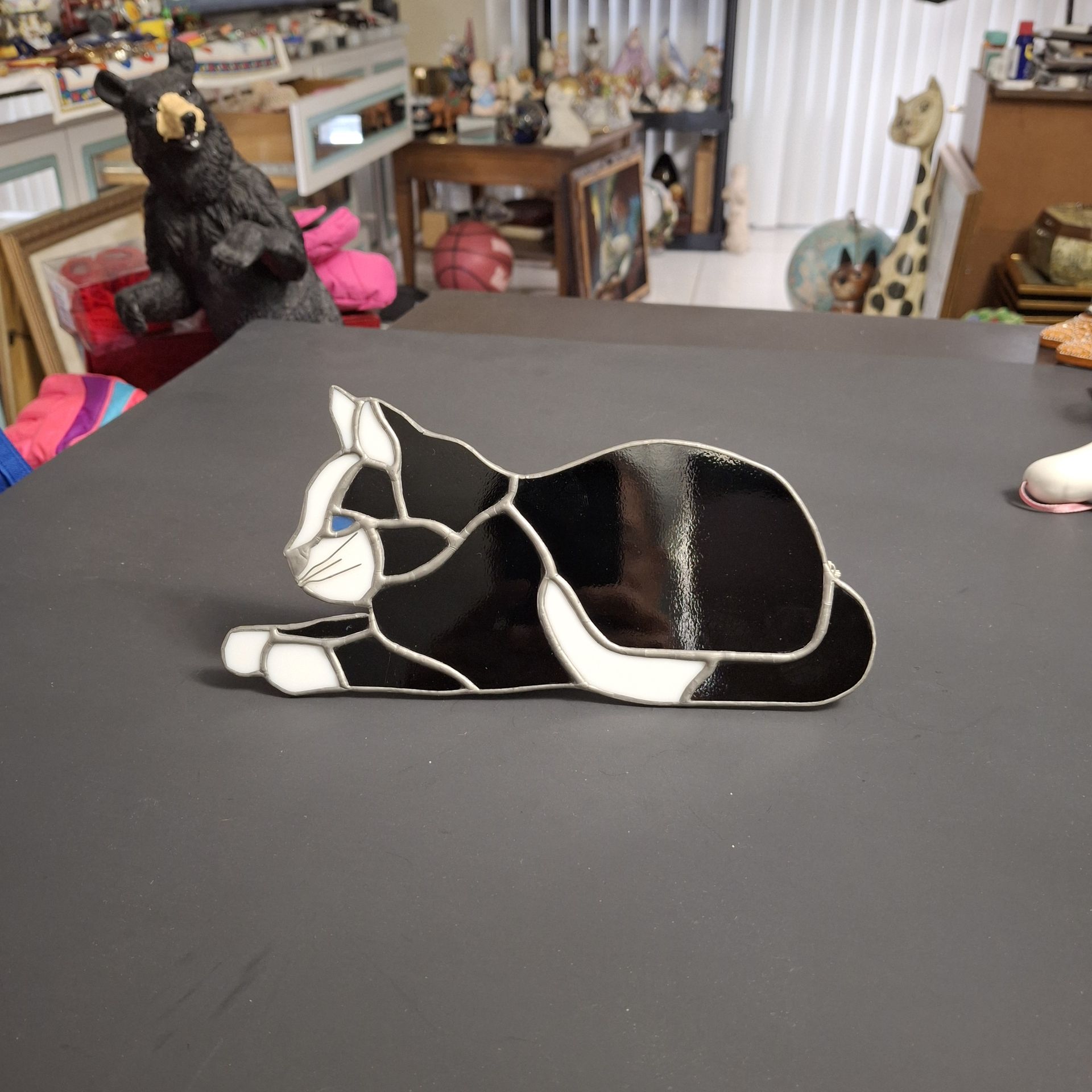 Suncatcher Stained Glass Resting Tuxedo Black & White Cat With Blue ...