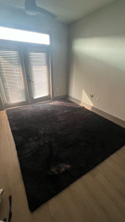 Large black rug about 8 ft × 10 ft.
