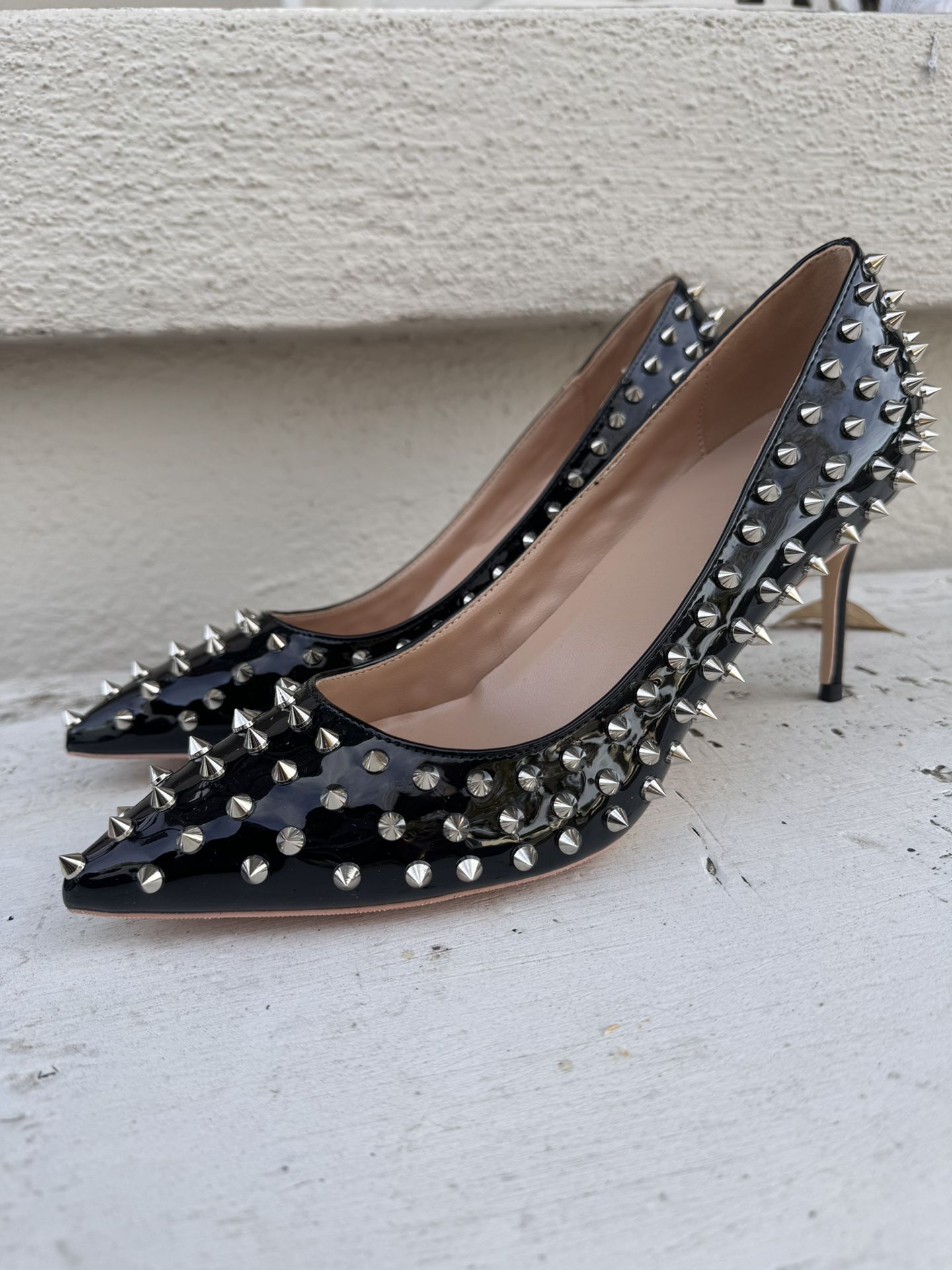 Black Lacquered Heels with Silver Spikes