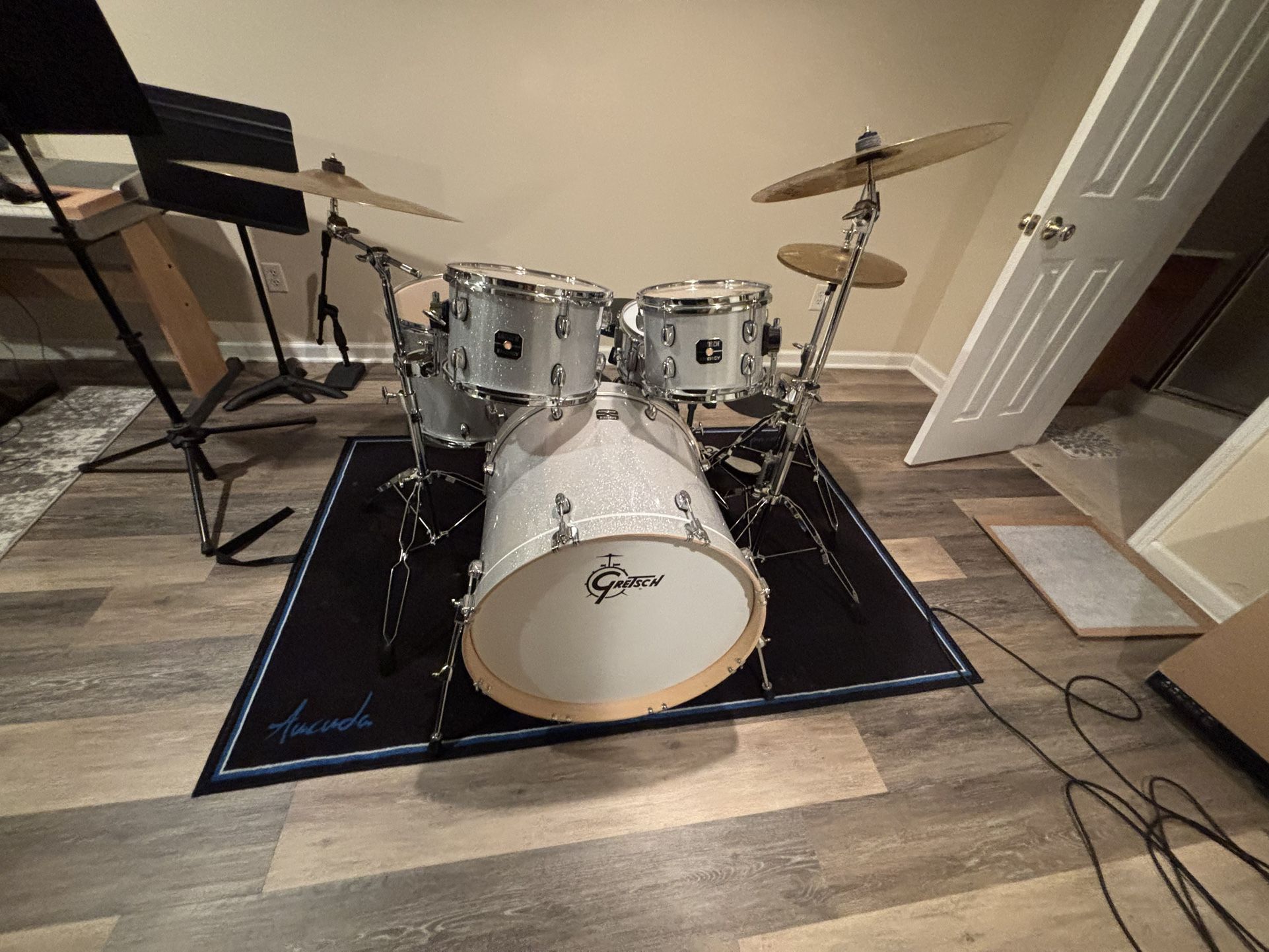MINT CONDITION GRETSCH DRUMSET WITH CYMBALS, HARDWARE, DRUM RUG, AND SEAT