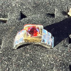 Designer Ring Size 9, Red Stone Pave Rhinestone Silver  Ring 