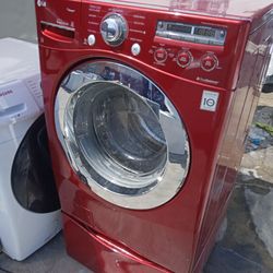 LG Red Front Load Set With Pedestals