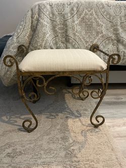 Ornate Gold Iron Upholstered Vanity Bench
