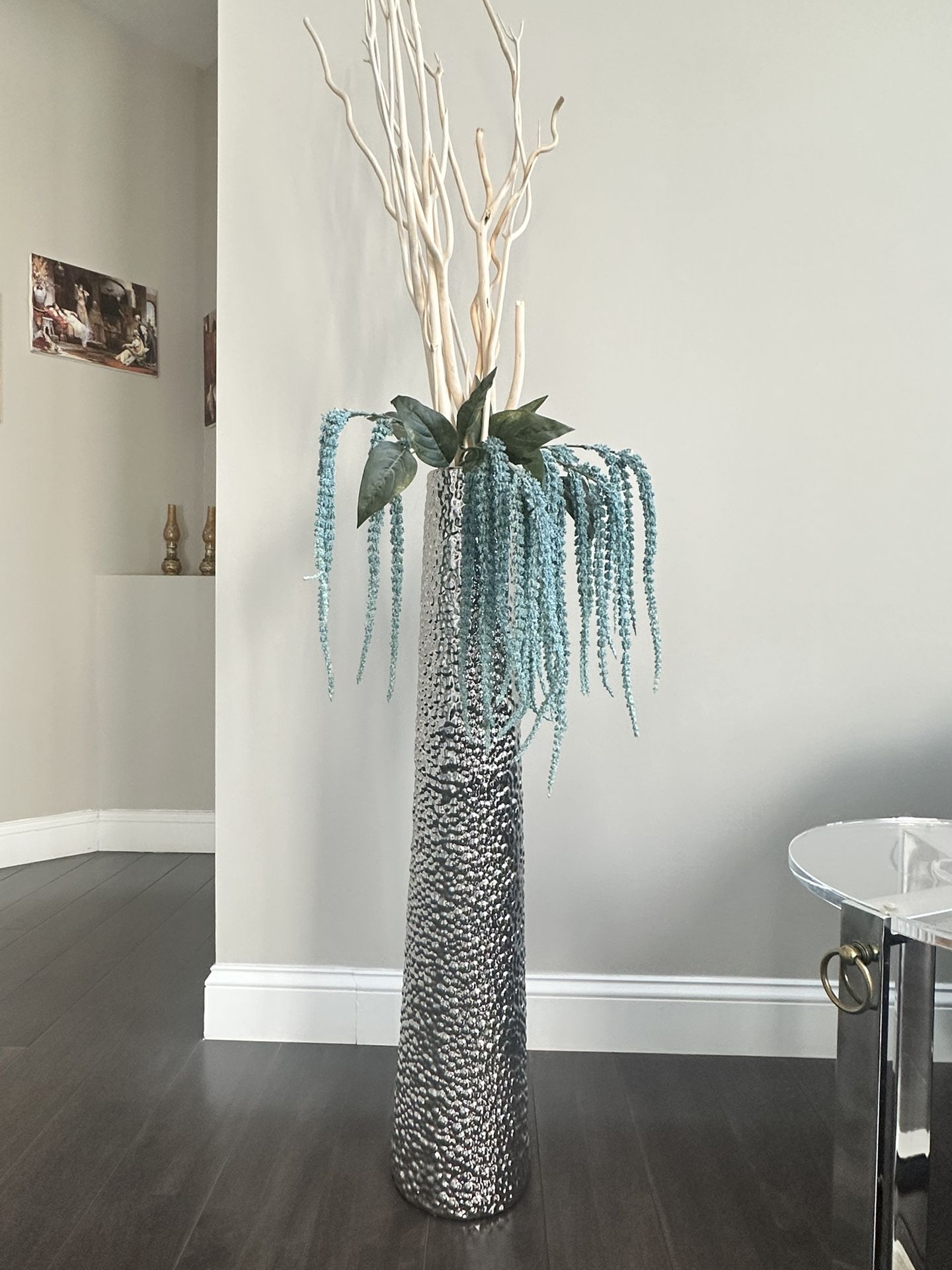 Tall Silver Vase With Whit Blue Branches