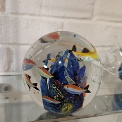 Genuine Murano Art Glass Paperweight, Vintage Venetian Italian, Fish Aquarium Coral Design 