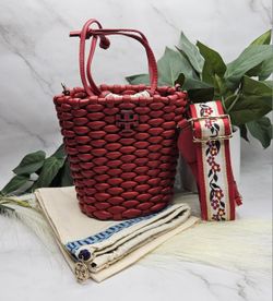 Tory Burch nwt Emerson Woven Leather Mini Bucket Bag with original dust bag w/Removable Pouch Warm Red Nappa leather Tie Closure adjustable floral web