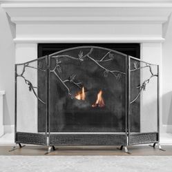 Premium Fireplace Screen, 3-Panel 53" x 36" Decorative Tree Branch Freestanding Fireplace Cover, Decorative Spark Guard Gate


