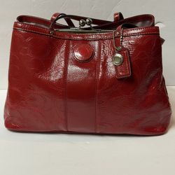 Coach Signature Stitch Patent Leather Red Kiss lock Tote shoulder Bag