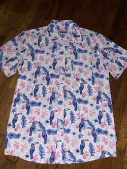 Men’s White & Blue Bird Button Up Shirt