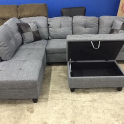 Grey Linen Sectional Couch And Ottoman 