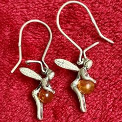 TINKER BELL AMBER GEMSTONE STERLING SILVER DANGLE EARRING - Very Small -