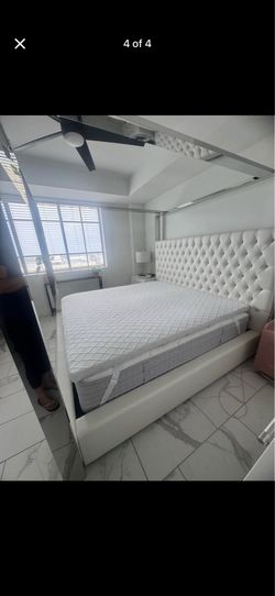 Modern Chrome Canopy King Bed Frame with White Tufted Headboard