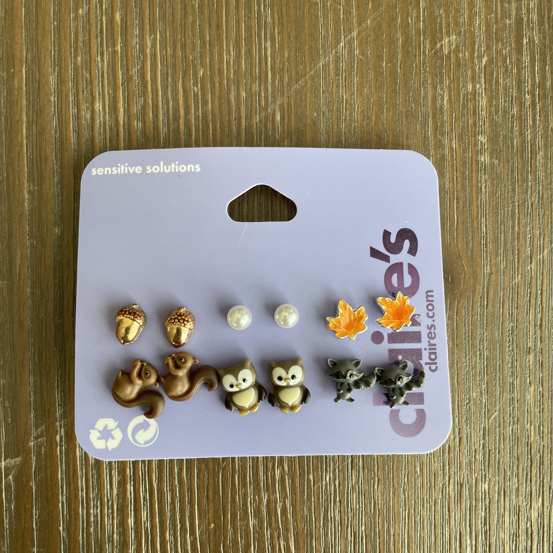 Claire's Woodland Creatures Earring Set of Six Pairs Squirrel, Owl, Raccoon NEW