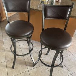 Two Swivel Barstools, Leather Seat and Backing