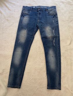 Chopp Shop Jeans Men’s 38/XL Skinny Fit Blue Distressed Patchwork Denim Jeans