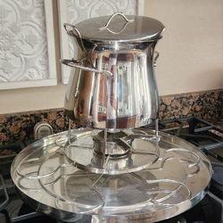 Full Bodum Stainless Steel Fondue Set, Numbered Skewers, Glass Bowl w/ Lazy Susan (Like New)