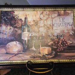 framed art print titled "Le Chateau" by artist Marilyn Hageman, featuring a still life of wine, cheese, grapes, and bread in a Tuscan Style 42"×30"