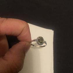 Silver Green Amber Ring
