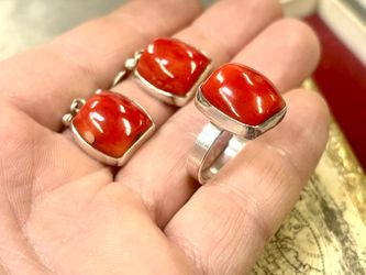 Chunky Red Coral Ring & Earrings Set 925 Sterling Silver Statement Jewelry Gift