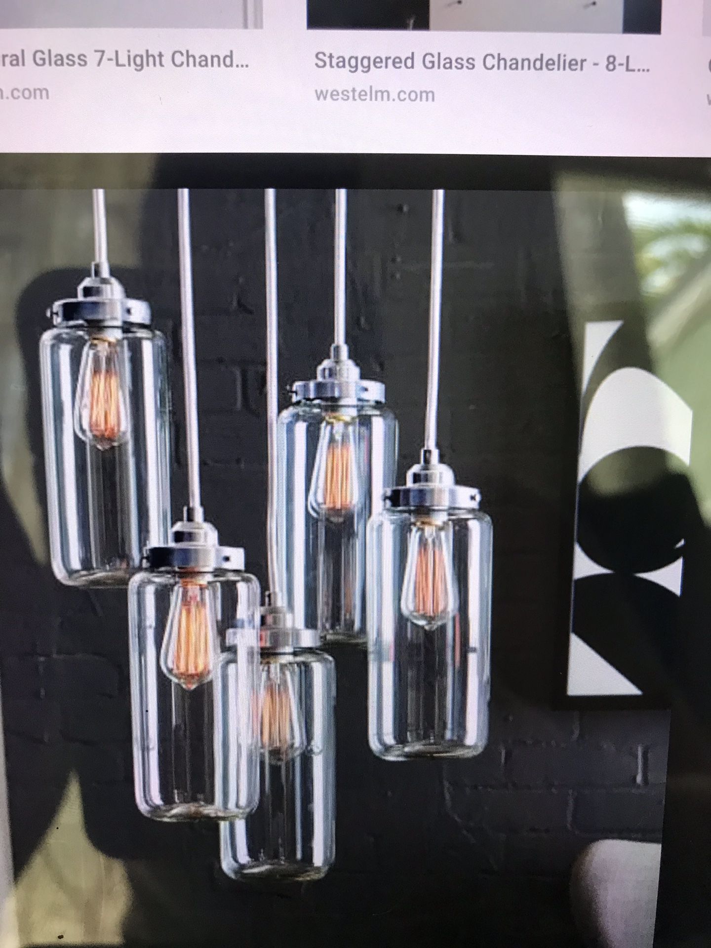 West elm 5 jar glass chandelier with Edison lightbulbs