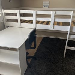 White Loft Bed with Pull-Out Desk & Storage – Space Saver
