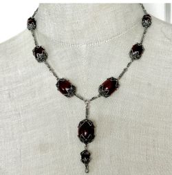 Vintage Art Deco  Sterling Silver Czech Red Glass Cabochon Drop Necklace Filigree 