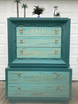 Stunning dresser tall boy teal gold glazed
