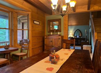 Wood dining room table, with 5 chairs and dining bench
