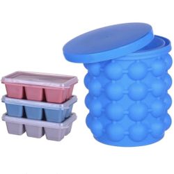 Ice Cube Tray with Lid, Silicone Ice Bucket with 3 Ice Trays for Freezer, Portable Round Ice Cube Mold-Blue