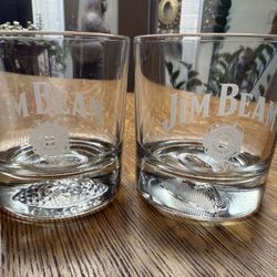 Jim Beam Etched Tumbler Lowball Whiskey Glasses Football Golf Set of 2