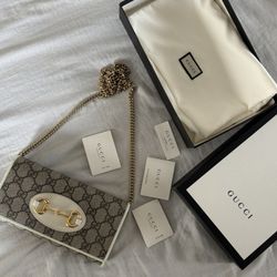 Authentic Gucci Horsebit 1955 Chain Wallet GG Coated Canvas Wallet On chain