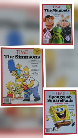 TIME magazines celebrating popular animated franchises: The Muppets, The Simpsons, and SpongeBob SquarePants